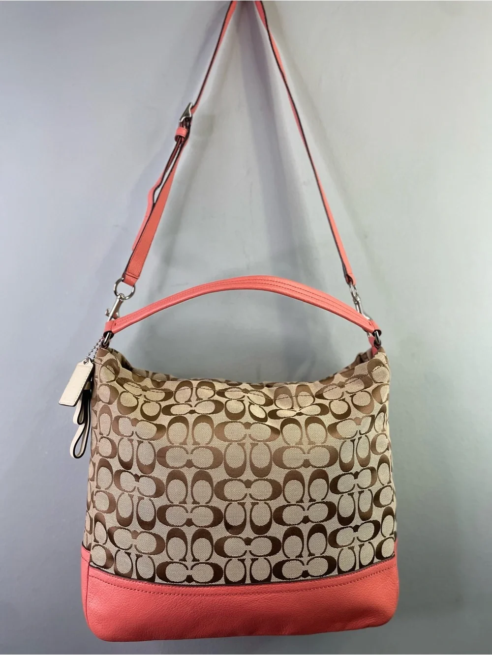 Coach Tan Signature Hobo with Coral Trim